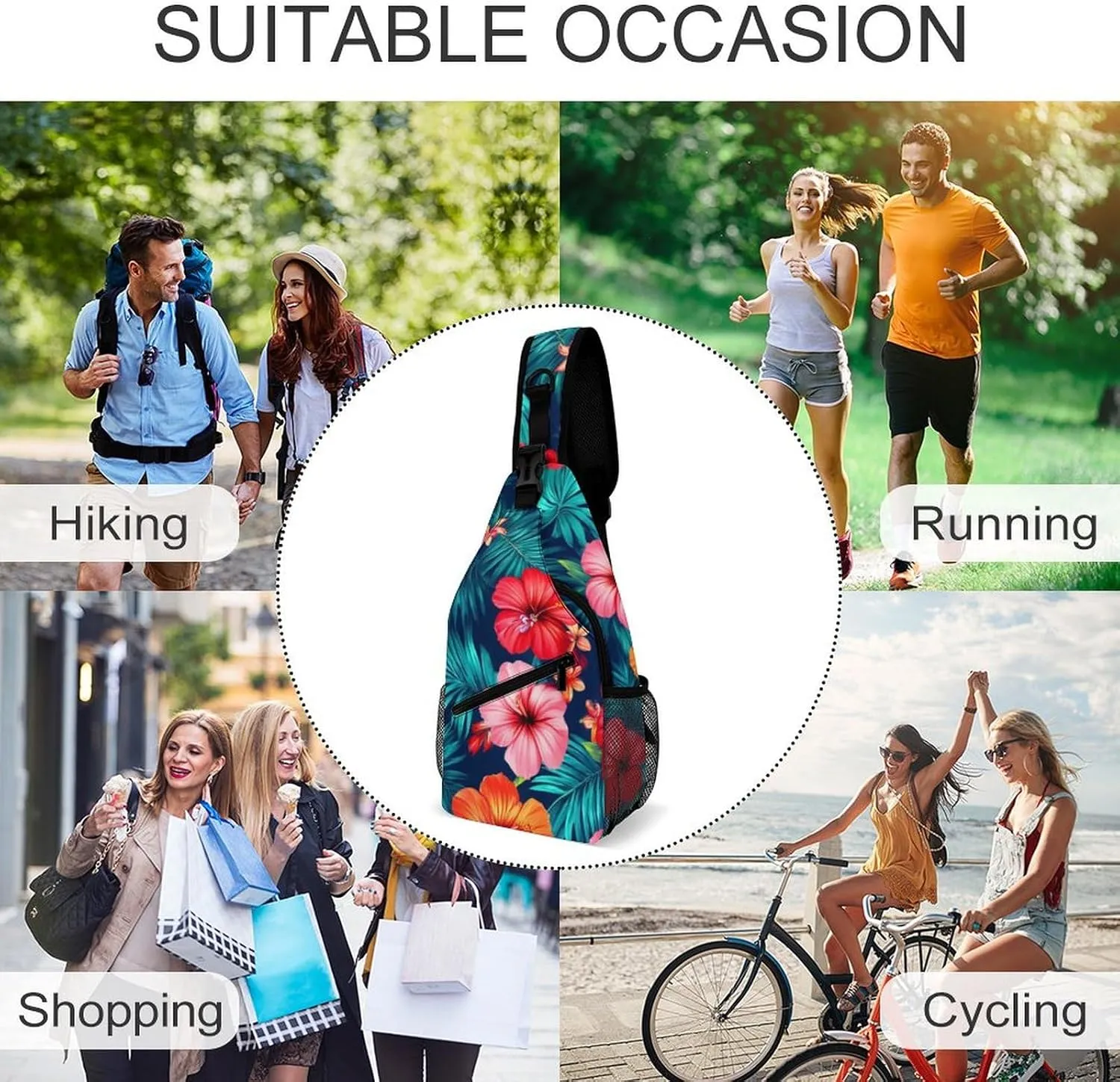 Unisex Hawaiian Colorful Hibiscus Flowers Tropical Palm Tree Leaves Crossbody Backpack, Cool Large Capacity Sling Bag Shoulder Pack, Multi-pockets and Buckles Chest Bags with Adjustable Strap