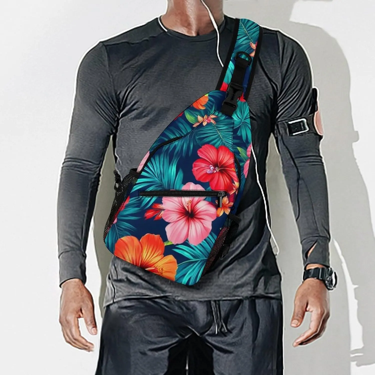 Unisex Hawaiian Colorful Hibiscus Flowers Tropical Palm Tree Leaves Crossbody Backpack, Cool Large Capacity Sling Bag Shoulder Pack, Multi-pockets and Buckles Chest Bags with Adjustable Strap