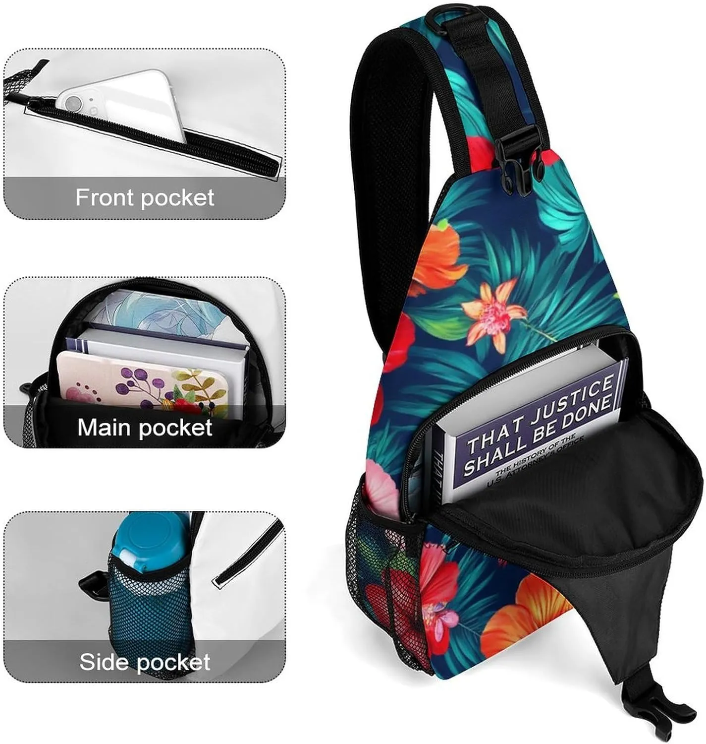 Unisex Hawaiian Colorful Hibiscus Flowers Tropical Palm Tree Leaves Crossbody Backpack, Cool Large Capacity Sling Bag Shoulder Pack, Multi-pockets and Buckles Chest Bags with Adjustable Strap