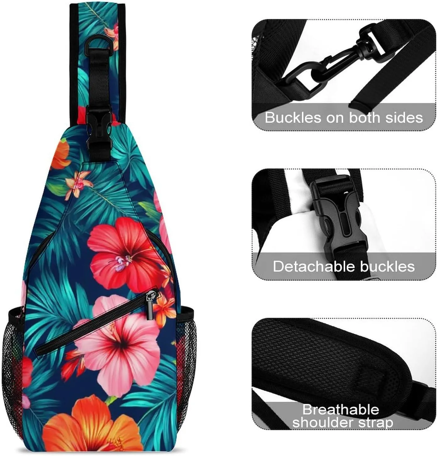 Unisex Hawaiian Colorful Hibiscus Flowers Tropical Palm Tree Leaves Crossbody Backpack, Cool Large Capacity Sling Bag Shoulder Pack, Multi-pockets and Buckles Chest Bags with Adjustable Strap