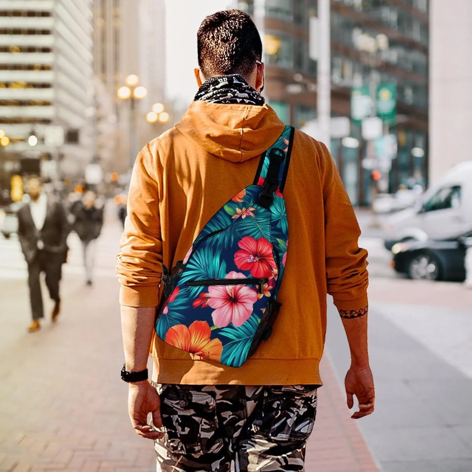 Unisex Hawaiian Colorful Hibiscus Flowers Tropical Palm Tree Leaves Crossbody Backpack, Cool Large Capacity Sling Bag Shoulder Pack, Multi-pockets and Buckles Chest Bags with Adjustable Strap