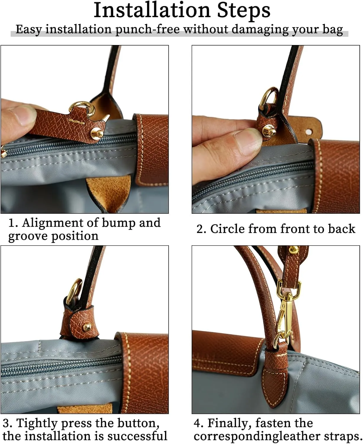 Upgraded Leather Purse Strap Replacement Compatible with Longchamp S M L Bag, Anti-Slip Leather Shoulder Strap Bag Conversion Kit Adjustable for Most Bag Pouch Women (Grey, L)