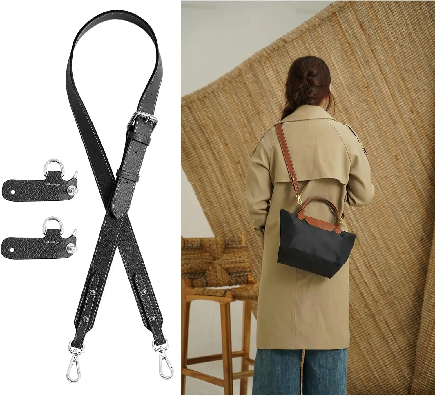 Upgraded Leather Purse Strap Replacement Compatible with Longchamp S M L Bag, Anti-Slip Leather Shoulder Strap Bag Conversion Kit Adjustable for Most Bag Pouch Women (Grey, L)