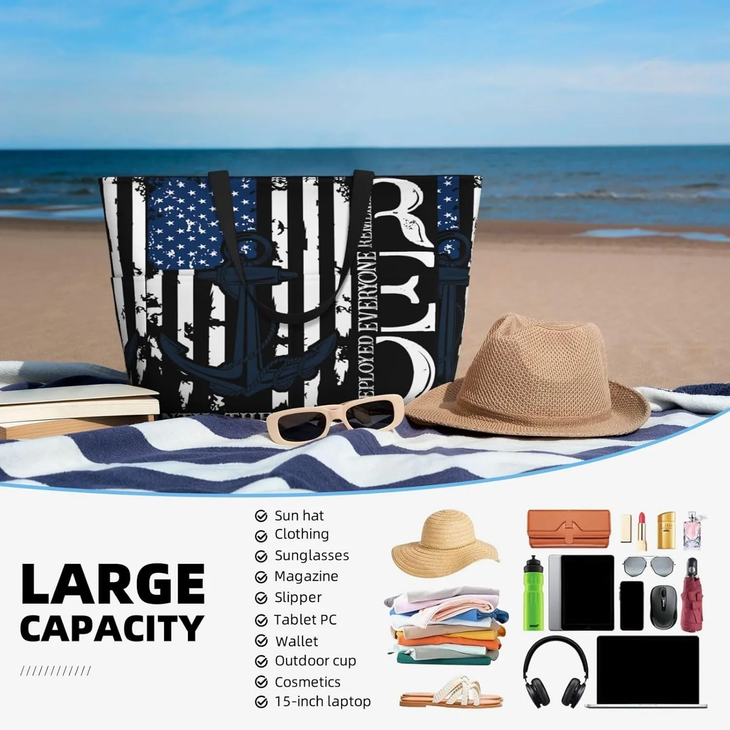 Us Flag Anchor Military Tribute Women Large Beach Bag Travel Weekender Foldable Tote Bag for Pool Beach Vacation Gym