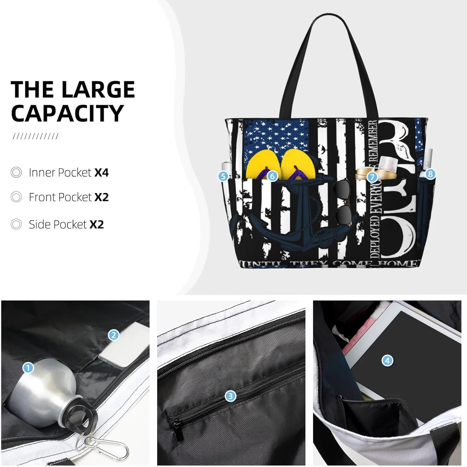 Us Flag Anchor Military Tribute Women Large Beach Bag Travel Weekender Foldable Tote Bag for Pool Beach Vacation Gym