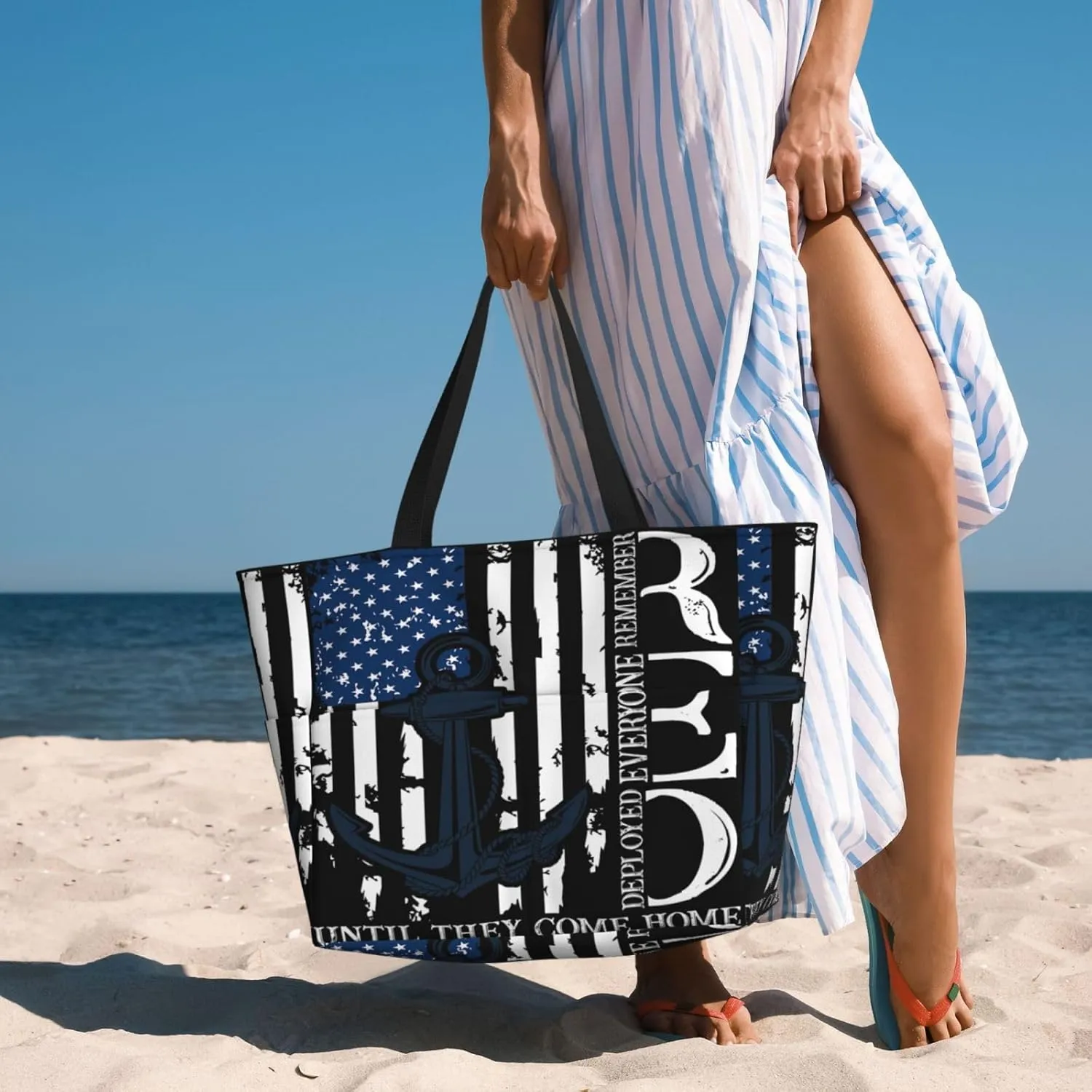 Us Flag Anchor Military Tribute Women Large Beach Bag Travel Weekender Foldable Tote Bag for Pool Beach Vacation Gym