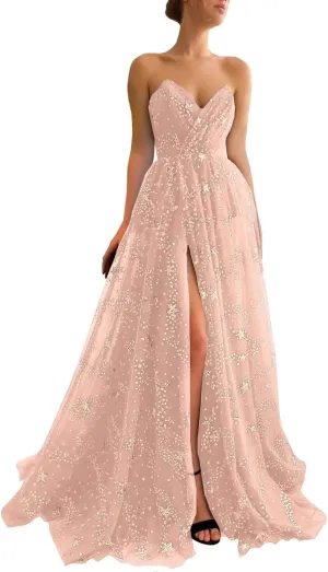 UZN Women's Sparkle Starry Tulle Prom Dresses Strapless Long Formal Evening Party Gowns with Slit