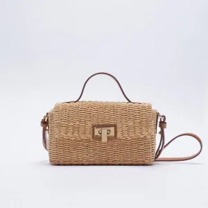 Vacation Ready Woven Faux Leather Trim Top Handle Crossbody Bag - Brown