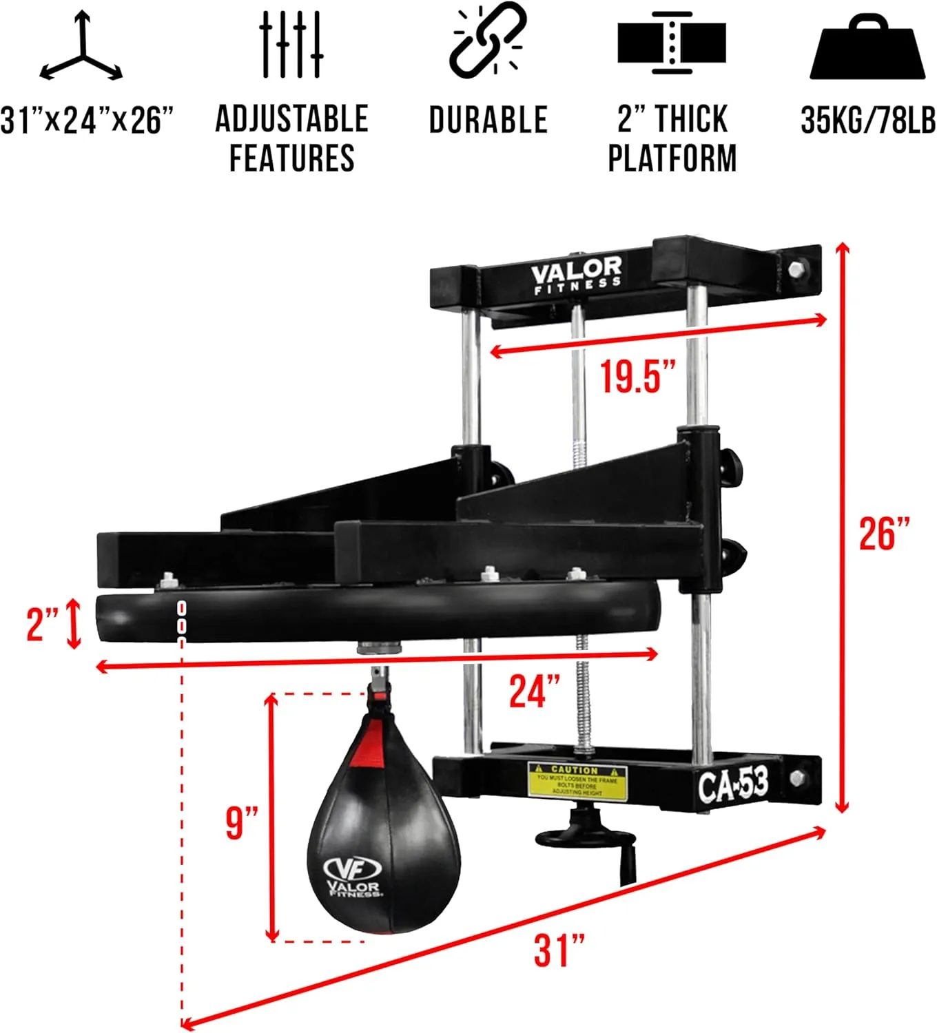 Valor Fitness Boxing Speed Bag Platform with Wheel Crank for Easy Adjustment, Speed Bag Included