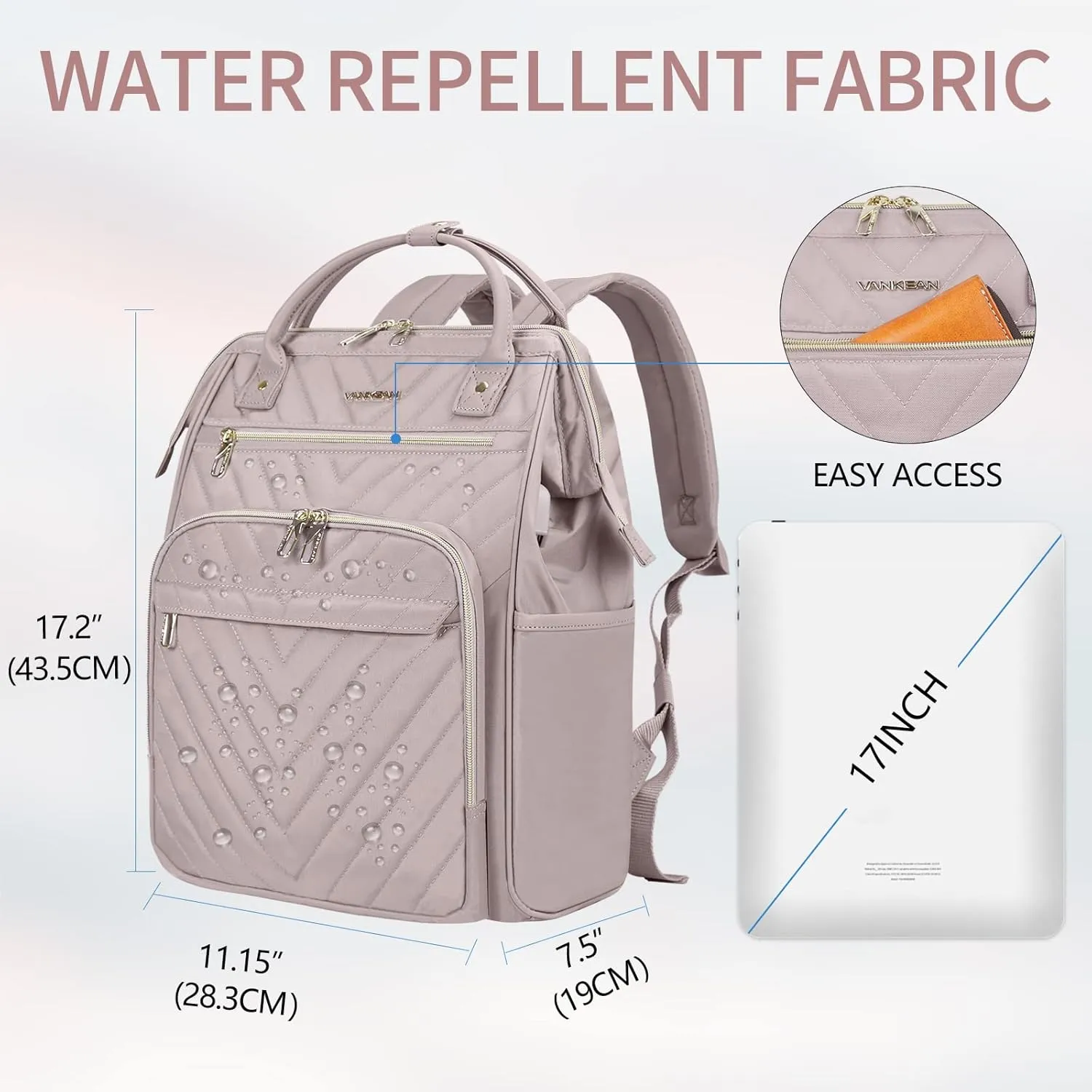 VANKEAN 17 Inch Laptop Backpack for Women Men Fashion Computer Work Bag, Large Capacity Waterproof Backpack with USB Port & RFID Pockets, College Daypack Business Travel Backpack, Light Dusty Pink