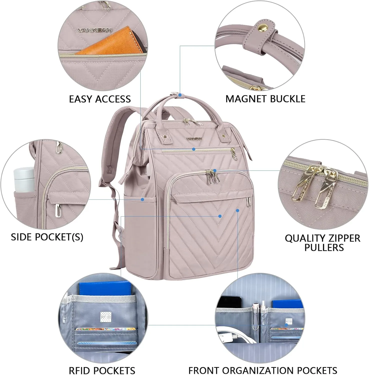 VANKEAN 17 Inch Laptop Backpack for Women Men Fashion Computer Work Bag, Large Capacity Waterproof Backpack with USB Port & RFID Pockets, College Daypack Business Travel Backpack, Light Dusty Pink