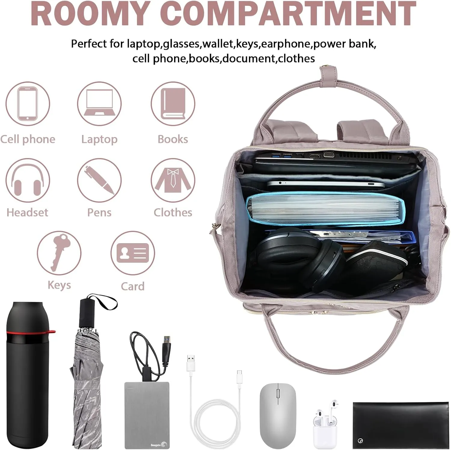 VANKEAN 17 Inch Laptop Backpack for Women Men Fashion Computer Work Bag, Large Capacity Waterproof Backpack with USB Port & RFID Pockets, College Daypack Business Travel Backpack, Light Dusty Pink
