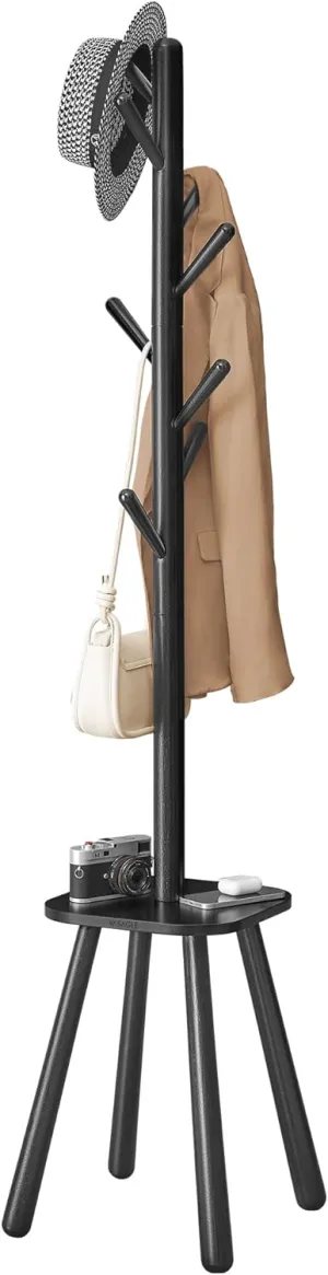 VASAGLE Coat Rack, Free Standing Coat Stand, Hall Coat Tree with 8 Hooks and Storage Shelf, 67.1 Inch Tall, for Coats, Hats, Bags, for Entryway, Hallway, Bedroom, Ink Black URCR033B01