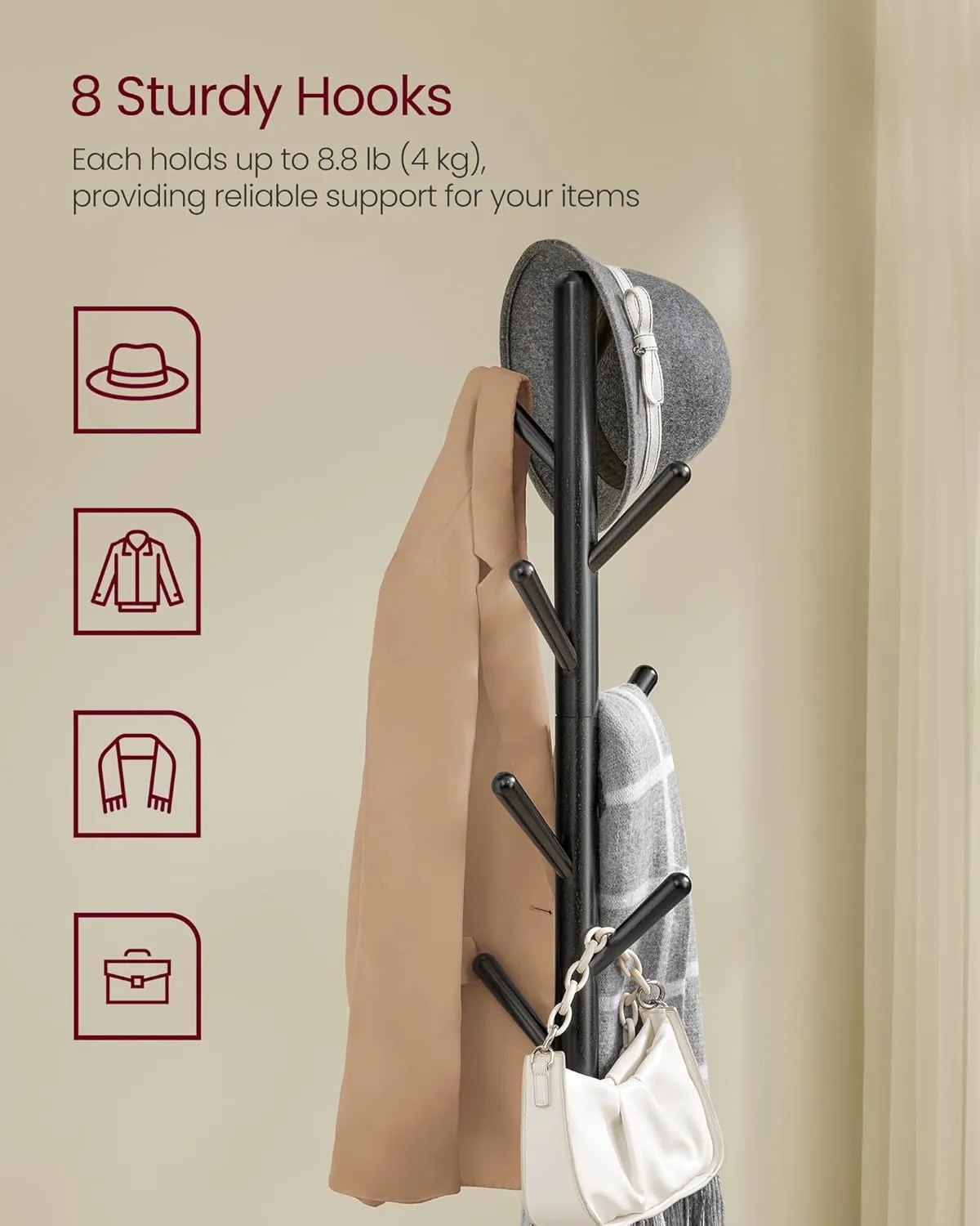 VASAGLE Coat Rack, Free Standing Coat Stand, Hall Coat Tree with 8 Hooks and Storage Shelf, 67.1 Inch Tall, for Coats, Hats, Bags, for Entryway, Hallway, Bedroom, Ink Black URCR033B01
