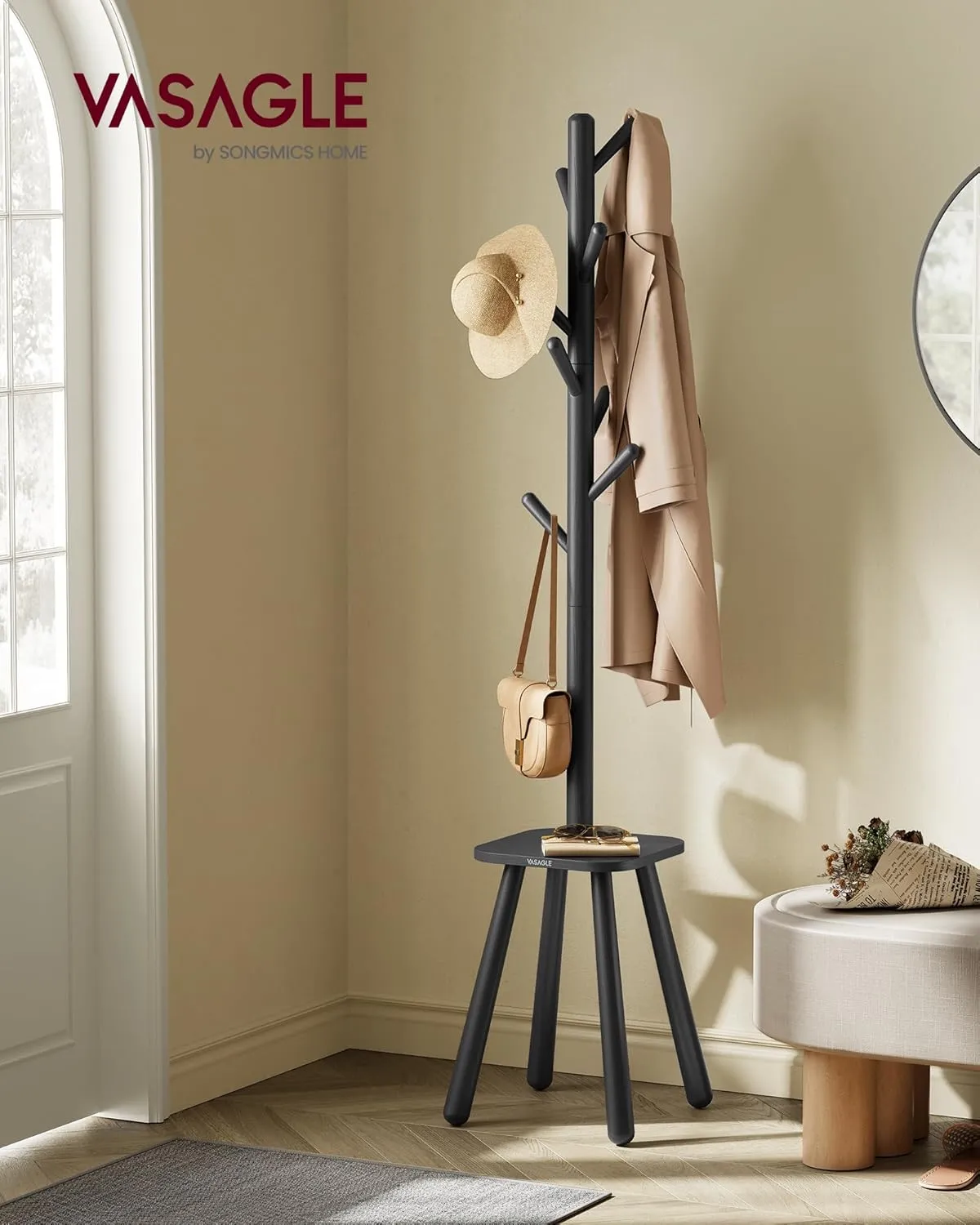 VASAGLE Coat Rack, Free Standing Coat Stand, Hall Coat Tree with 8 Hooks and Storage Shelf, 67.1 Inch Tall, for Coats, Hats, Bags, for Entryway, Hallway, Bedroom, Ink Black URCR033B01
