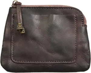 Vegetable Tanned Leather Vintage Coin Purse Handmade Old Rubbed Color Niche Mini Coin Card Holder(Coffee)
