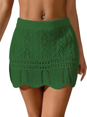 Verdusa Women's Hollow Out Knit Scalloped Elastic Waist Swimsuit Beach Cover Up Mini Skirt
