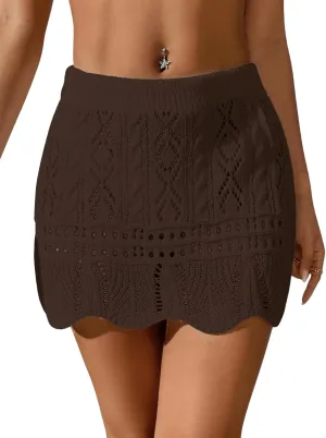 Verdusa Women's Hollow Out Knit Scalloped Elastic Waist Swimsuit Beach Cover Up Mini Skirt