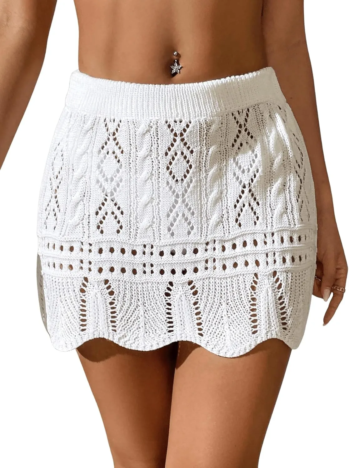 Verdusa Women's Hollow Out Knit Scalloped Elastic Waist Swimsuit Beach Cover Up Mini Skirt