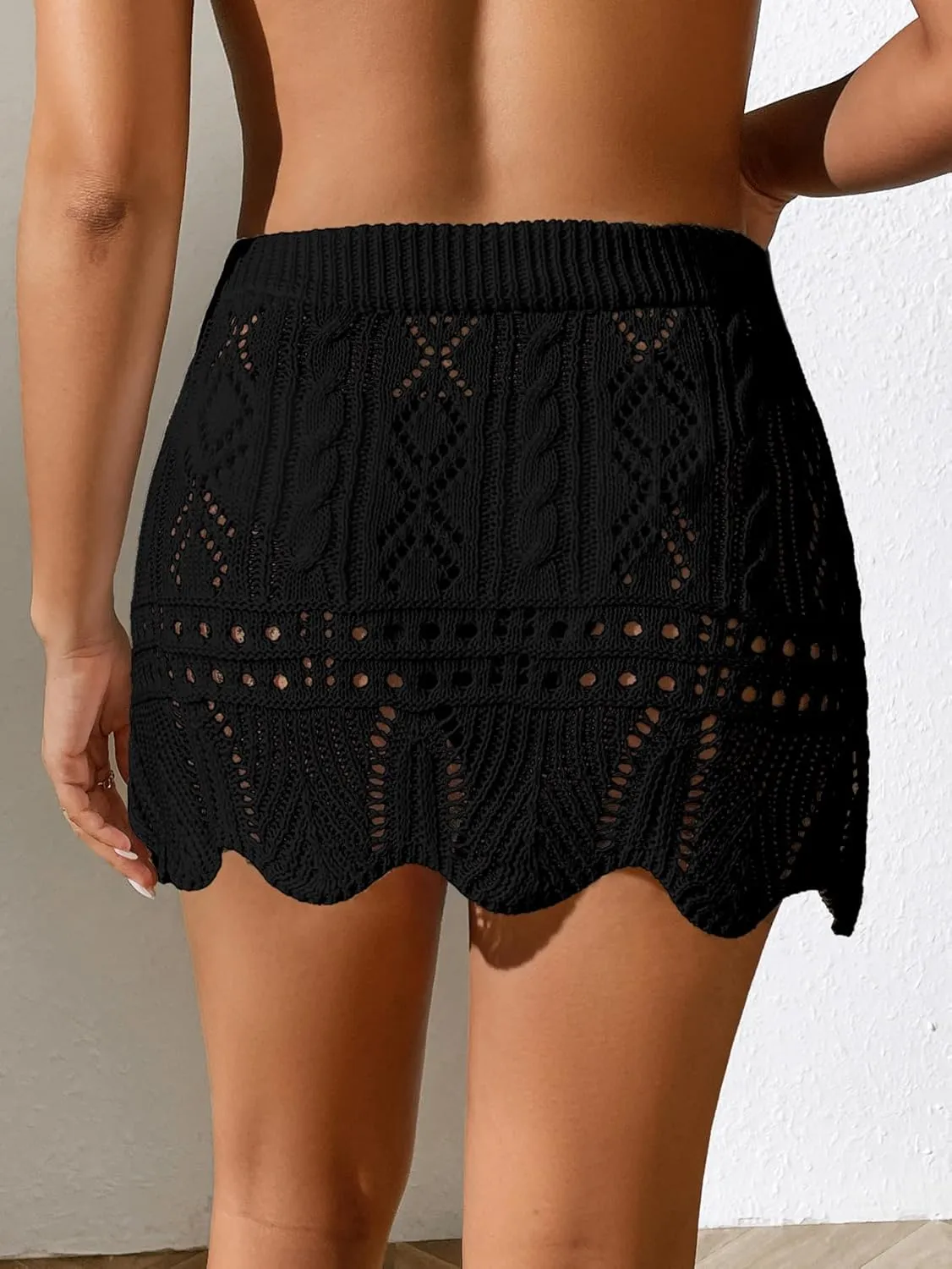 Verdusa Women's Hollow Out Knit Scalloped Elastic Waist Swimsuit Beach Cover Up Mini Skirt