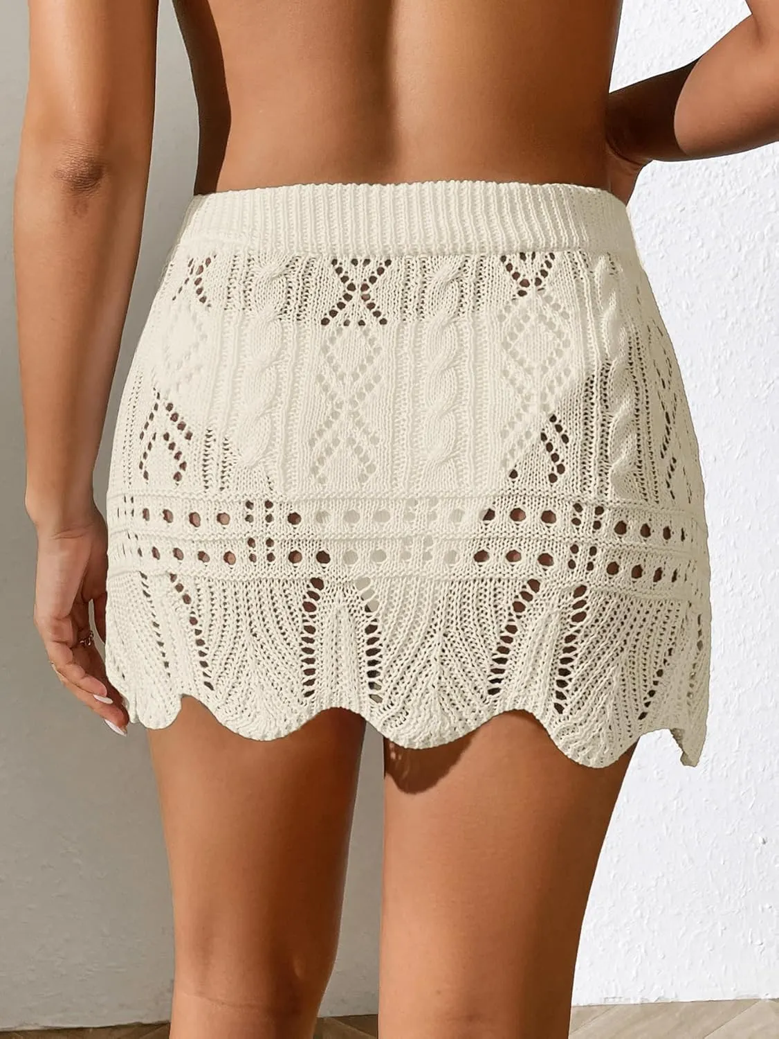 Verdusa Women's Hollow Out Knit Scalloped Elastic Waist Swimsuit Beach Cover Up Mini Skirt