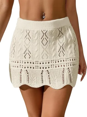 Verdusa Women's Hollow Out Knit Scalloped Elastic Waist Swimsuit Beach Cover Up Mini Skirt