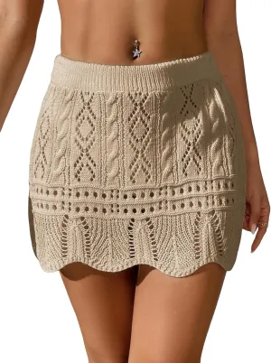Verdusa Women's Hollow Out Knit Scalloped Elastic Waist Swimsuit Beach Cover Up Mini Skirt