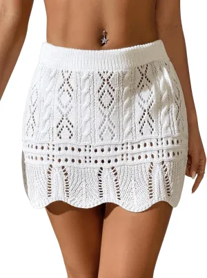 Verdusa Women's Hollow Out Knit Scalloped Elastic Waist Swimsuit Beach Cover Up Mini Skirt