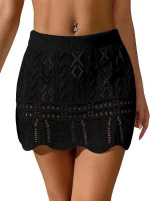 Verdusa Women's Hollow Out Knit Scalloped Elastic Waist Swimsuit Beach Cover Up Mini Skirt