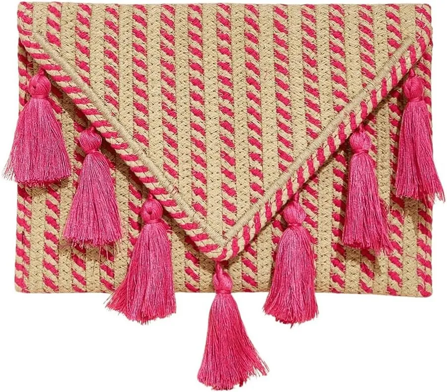 Verdusa Women's Striped Fringe Straw Clutch Handbags Envelope Handbags Purse