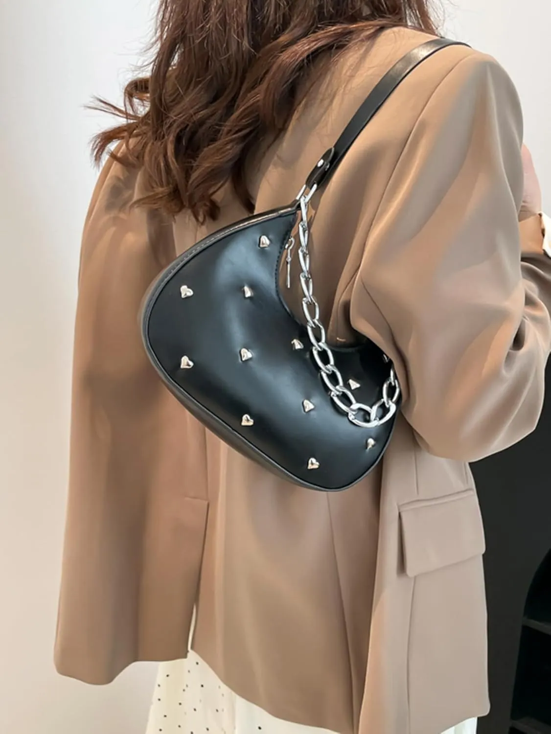 Verdusa Women's Studded Metal Chain Shoulder Bags Punk Top Handle Crescent Underarm Bag