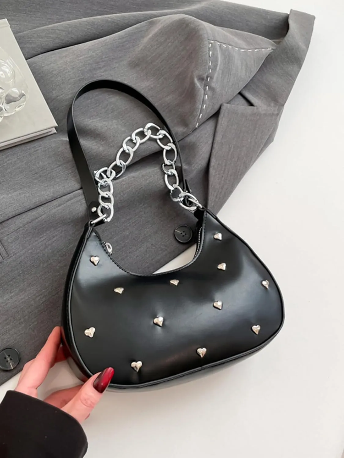 Verdusa Women's Studded Metal Chain Shoulder Bags Punk Top Handle Crescent Underarm Bag