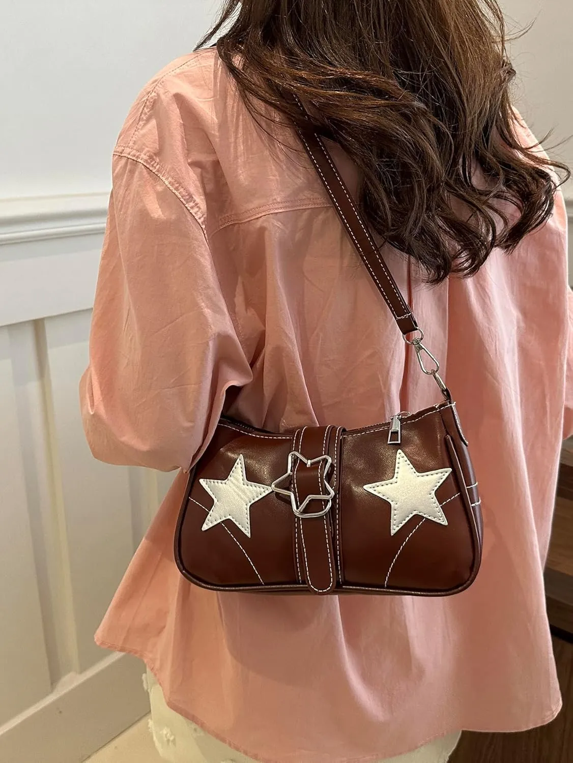 Verdusa Women's Y2K Punk Shoulder Handbags Star Pattern PU Leather Underarm Bag