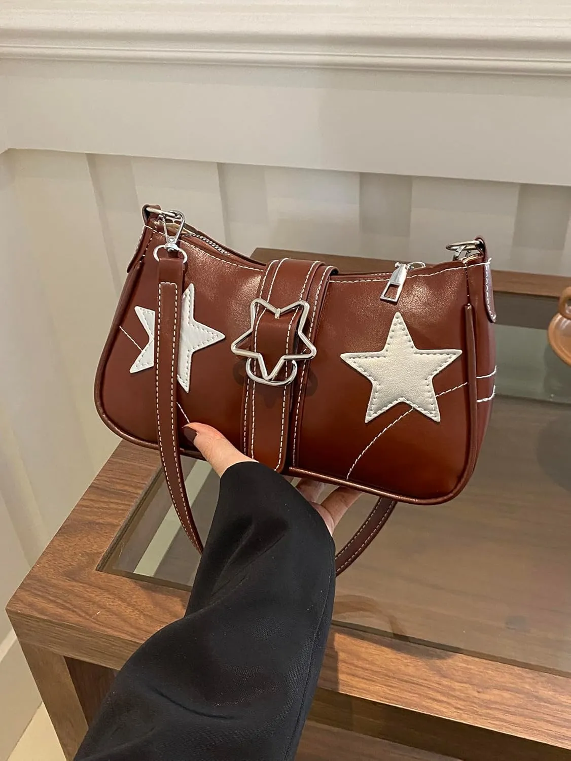Verdusa Women's Y2K Punk Shoulder Handbags Star Pattern PU Leather Underarm Bag