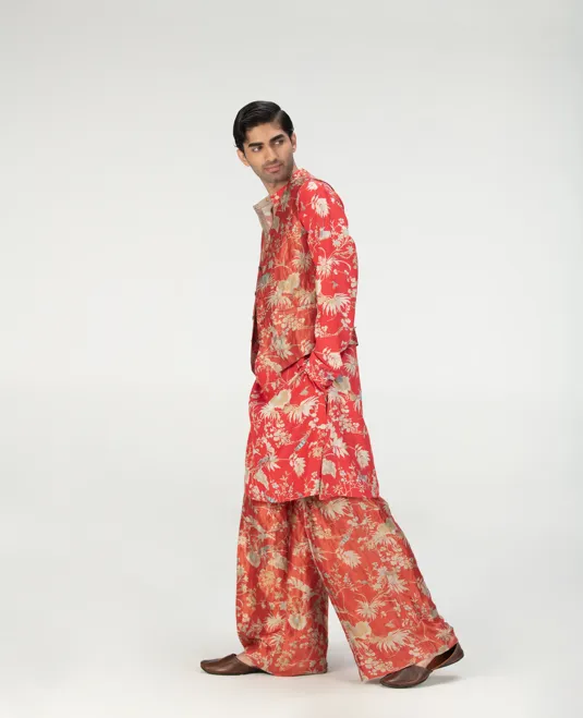 Vest Coat Silk Brocade Red