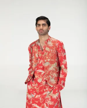 Vest Coat Silk Brocade Red