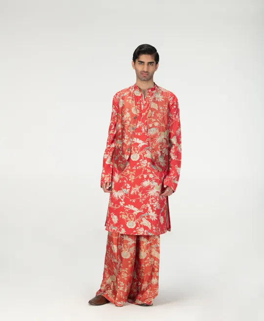 Vest Coat Silk Brocade Red