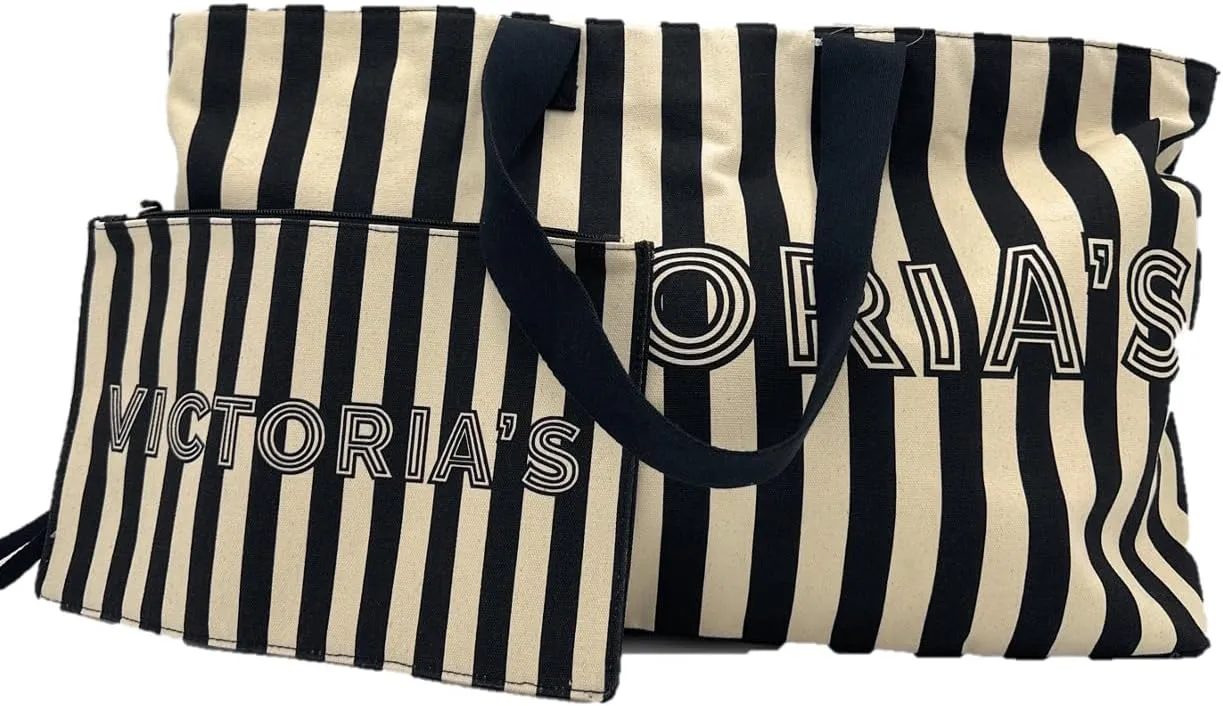Victoria's Secret Extra Large Weekender Tote Duffle Bag Black Cream Striped