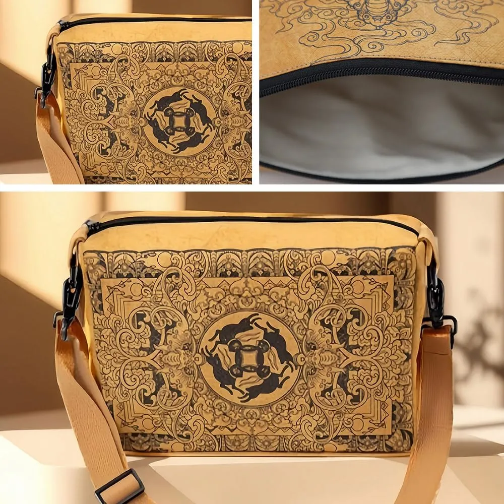 Vintage Fiber Paper Cosmetic Bag,Trendy Soft Lightweight Medium Zipper Oriental Crossbody Bag,Adjustable Strap Lady Gift