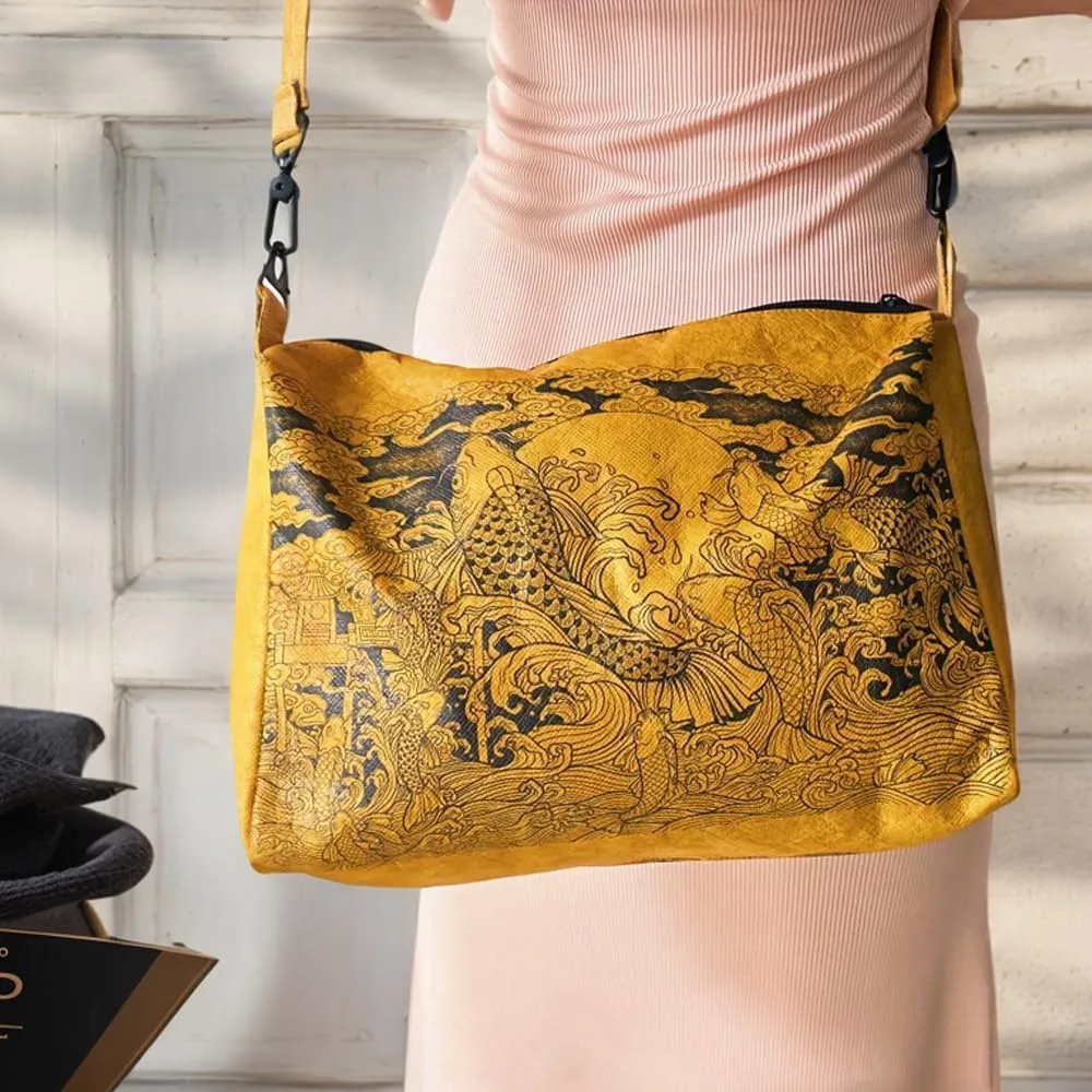 Vintage Fiber Paper Cosmetic Bag,Trendy Soft Lightweight Medium Zipper Oriental Crossbody Bag,Adjustable Strap Lady Gift