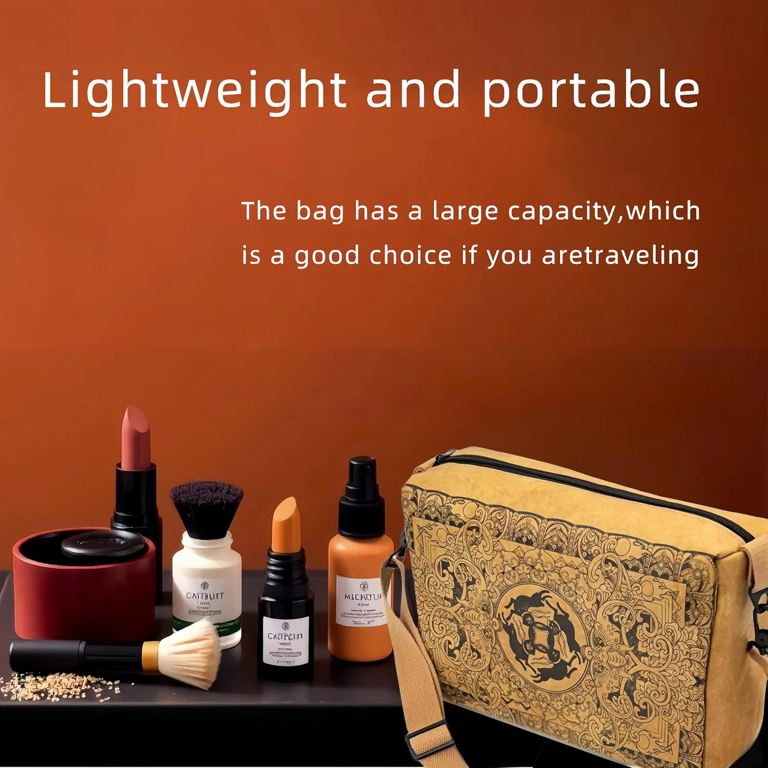 Vintage Fiber Paper Cosmetic Bag,Trendy Soft Lightweight Medium Zipper Oriental Crossbody Bag,Adjustable Strap Lady Gift