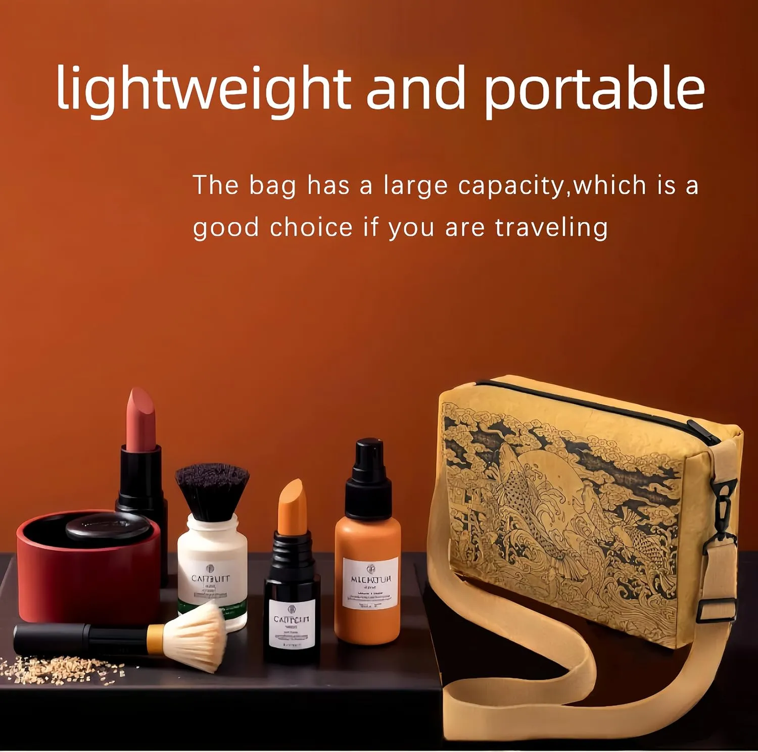 Vintage Fiber Paper Cosmetic Bag,Trendy Soft Lightweight Medium Zipper Oriental Crossbody Bag,Adjustable Strap Lady Gift