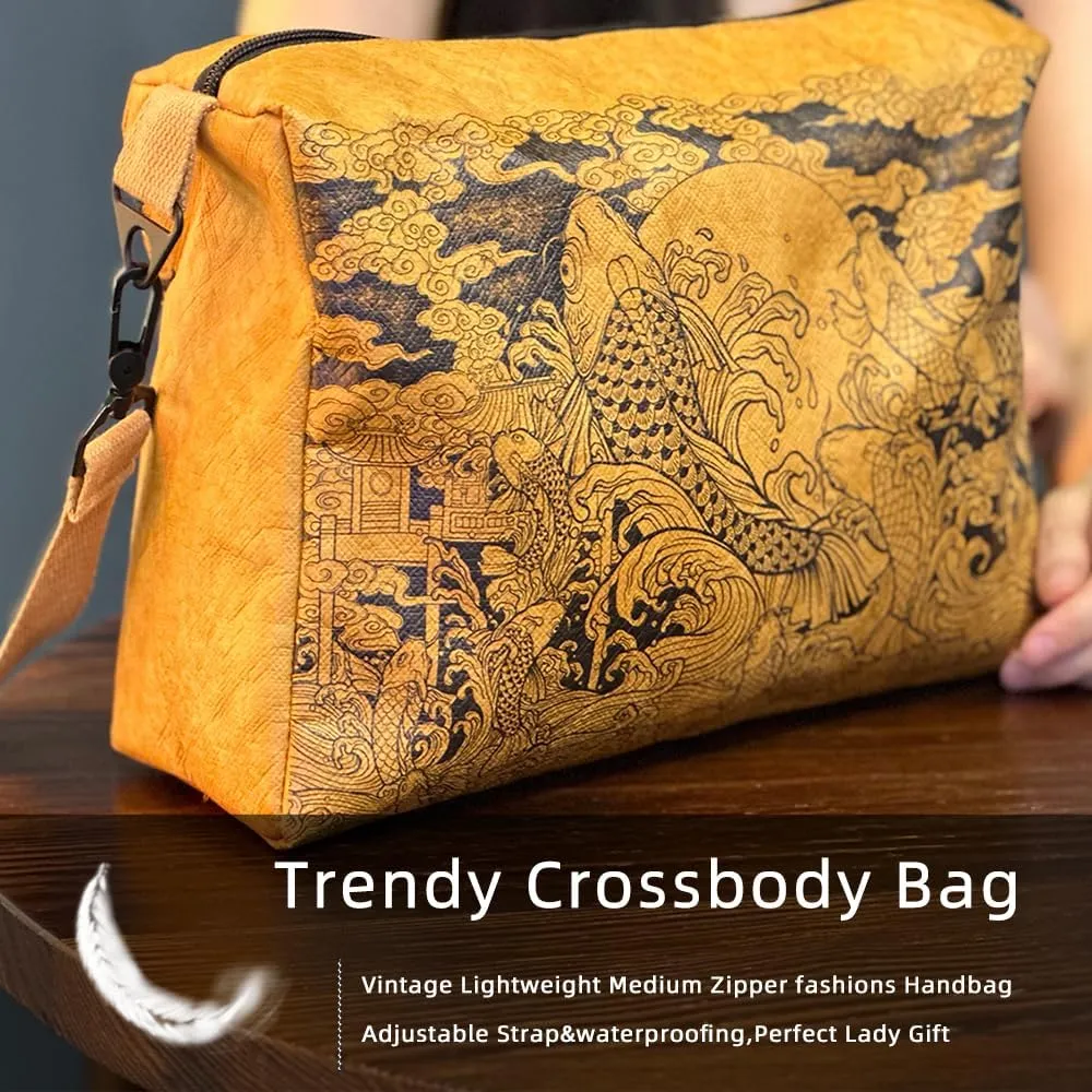 Vintage Fiber Paper Cosmetic Bag,Trendy Soft Lightweight Medium Zipper Oriental Crossbody Bag,Adjustable Strap Lady Gift