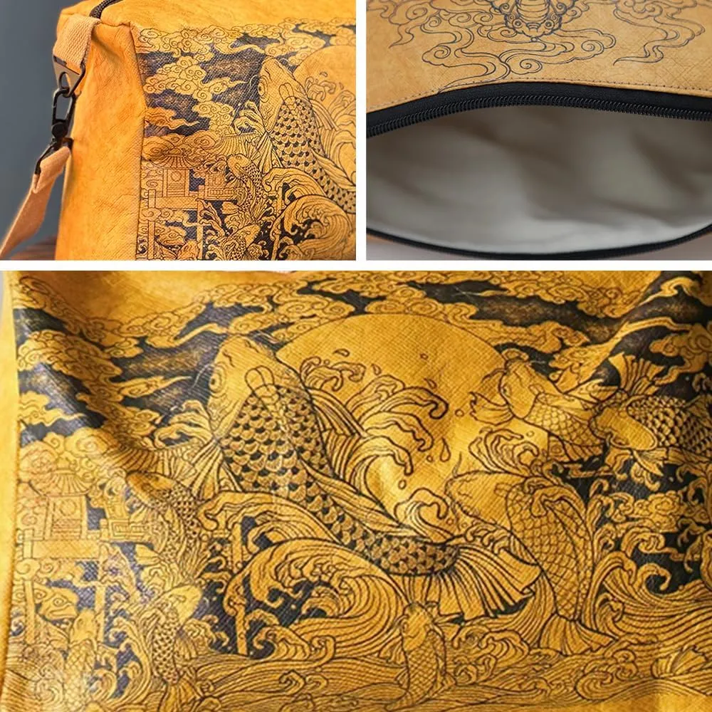 Vintage Fiber Paper Cosmetic Bag,Trendy Soft Lightweight Medium Zipper Oriental Crossbody Bag,Adjustable Strap Lady Gift