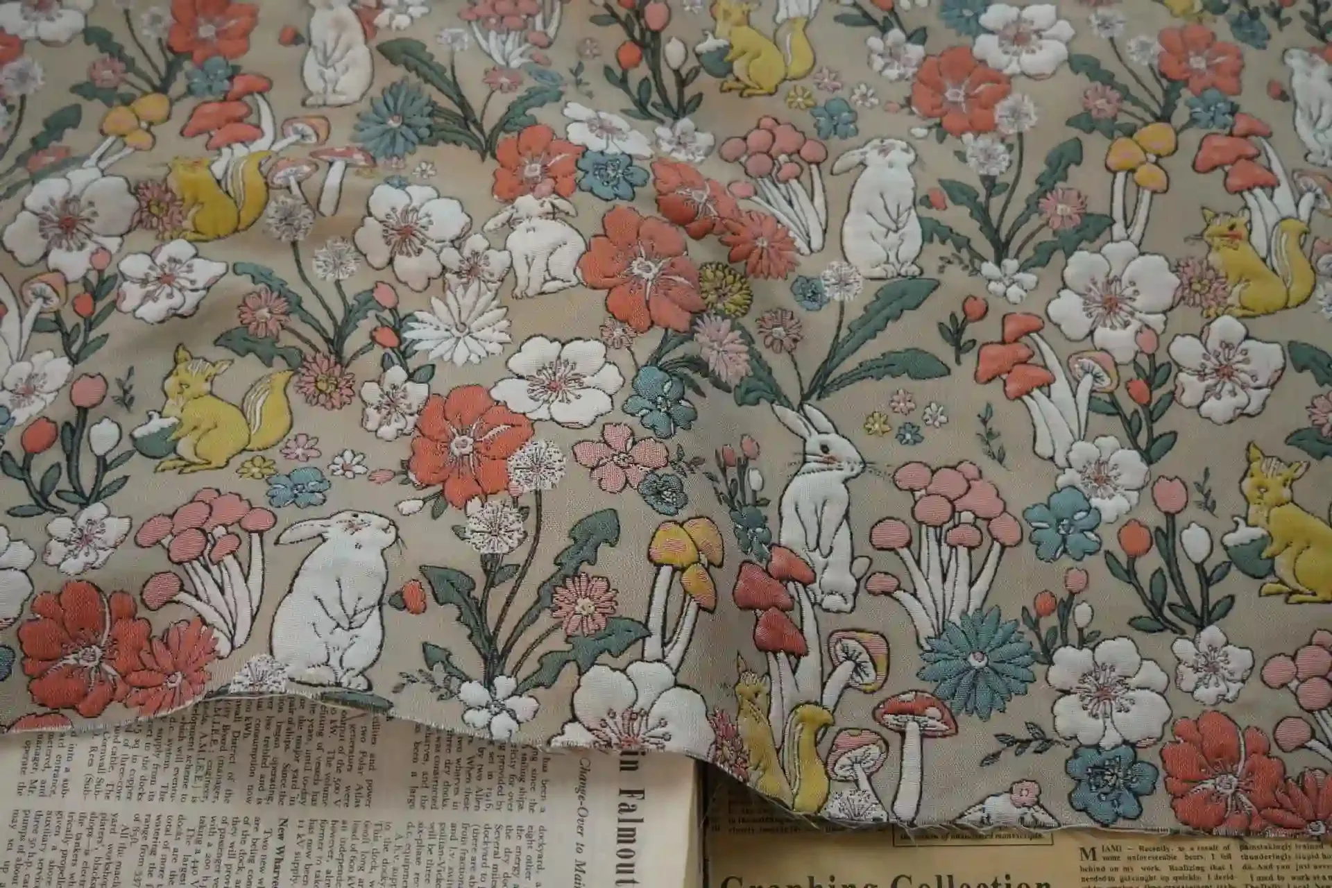 Vintage Mushroom Brocade Fabric By The Yard|Rabbit Pattern Morden Upholstery Fabric