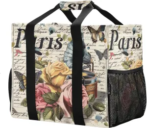 Vintage Paris Poster Large Foldable Travel Tote Bag, Lightweight Waterproof Swim Pool Bag with Handles & Pocket for Beach Outdoor, Reusable Grocery Bag for Kitchen, Shopping