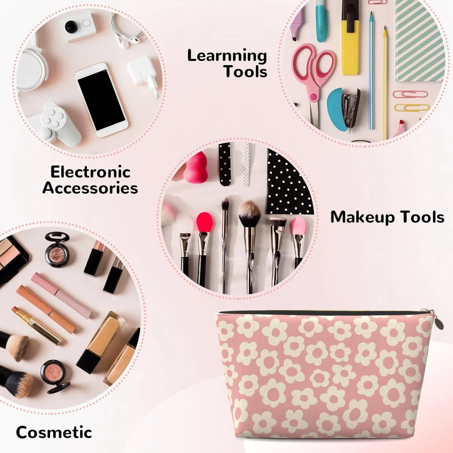 Vintage Pink Flower Small Makeup Bag for Women - Leather Travel Cosmetic Bag Make Up Pouch Mini Travel Zipper Pouch - Makeup Organizer Bag