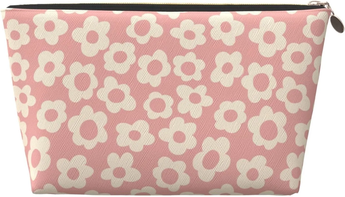 Vintage Pink Flower Small Makeup Bag for Women - Leather Travel Cosmetic Bag Make Up Pouch Mini Travel Zipper Pouch - Makeup Organizer Bag