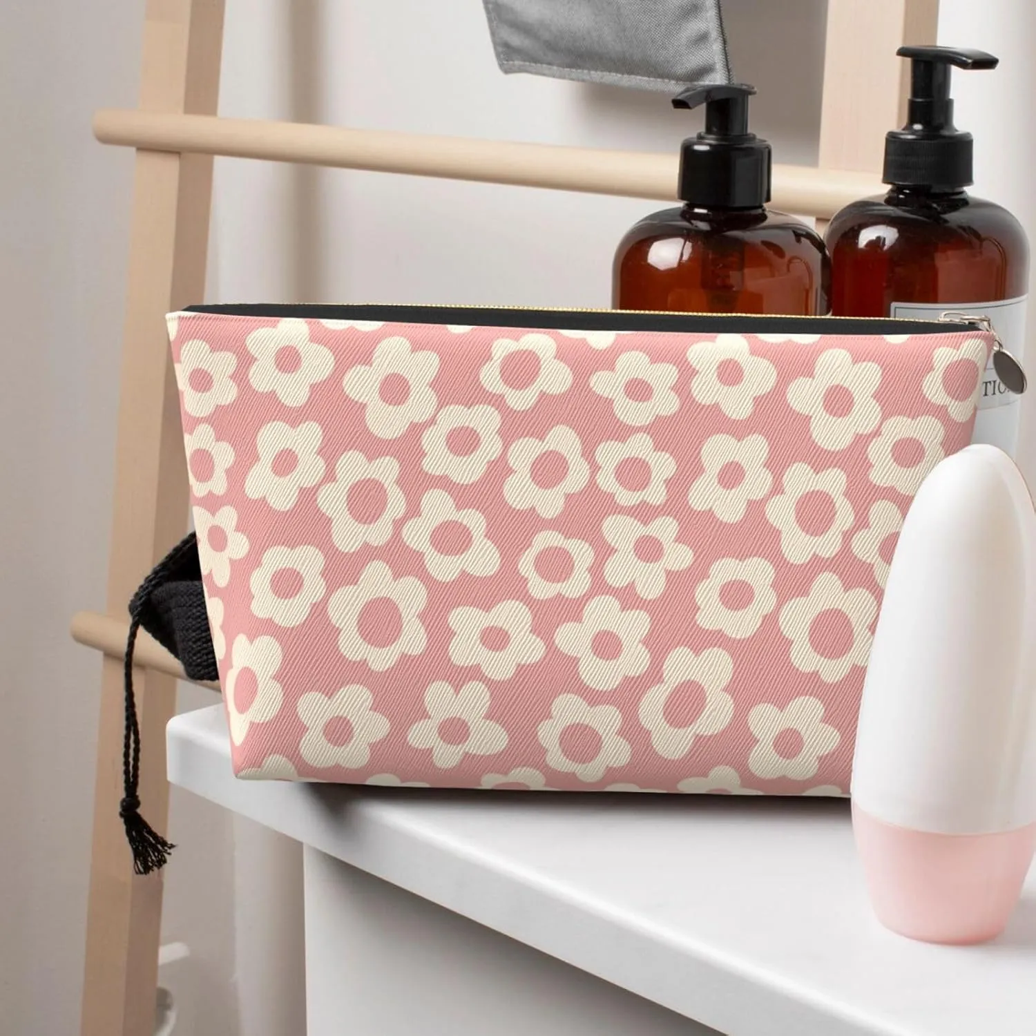 Vintage Pink Flower Small Makeup Bag for Women - Leather Travel Cosmetic Bag Make Up Pouch Mini Travel Zipper Pouch - Makeup Organizer Bag