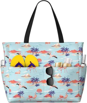 Vintage Summer Flamingo Tropic Palm Large Capacity Travel Bag Lightweight Shopping Handbag Beach Tote Bags Work Bag